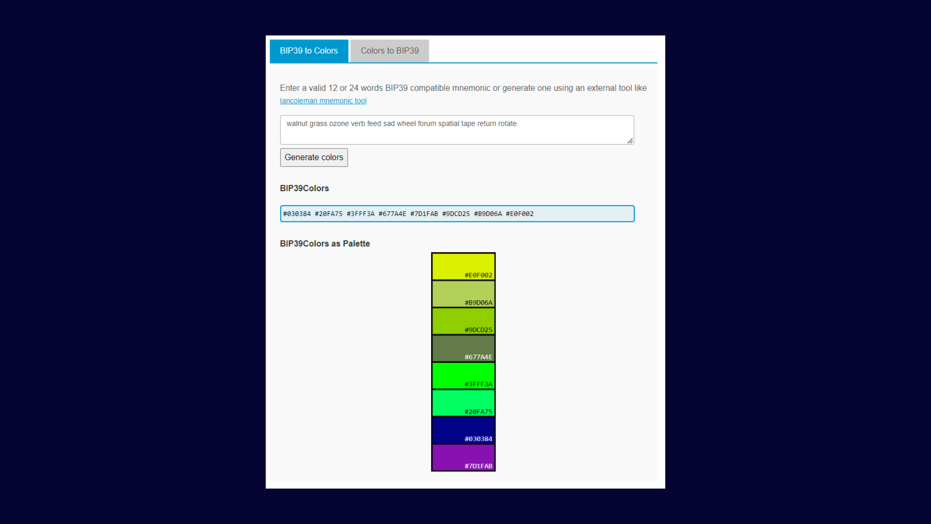 BIP39 to Colors